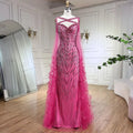 Vestido largo de noche de sirena elegante con mangas capa y plumas, color fucsia, para fiesta de bodas 2025 (LA72286) 