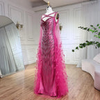 Vestido largo de noche de sirena elegante con mangas capa y plumas, color fucsia, para fiesta de bodas 2025 (LA72286) 