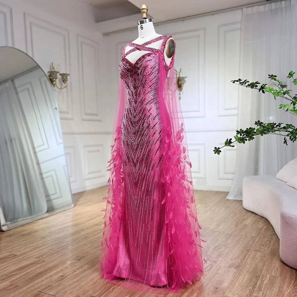 Vestido largo de noche de sirena elegante con mangas capa y plumas, color fucsia, para fiesta de bodas 2025 (LA72286) 