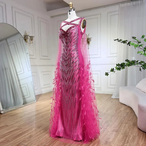 2025 Ladies Wedding Party Fuchsia Elegant Cape Sleeve Mermaid Luxury Beaded Feather Evening Dress Long Dress LA72286