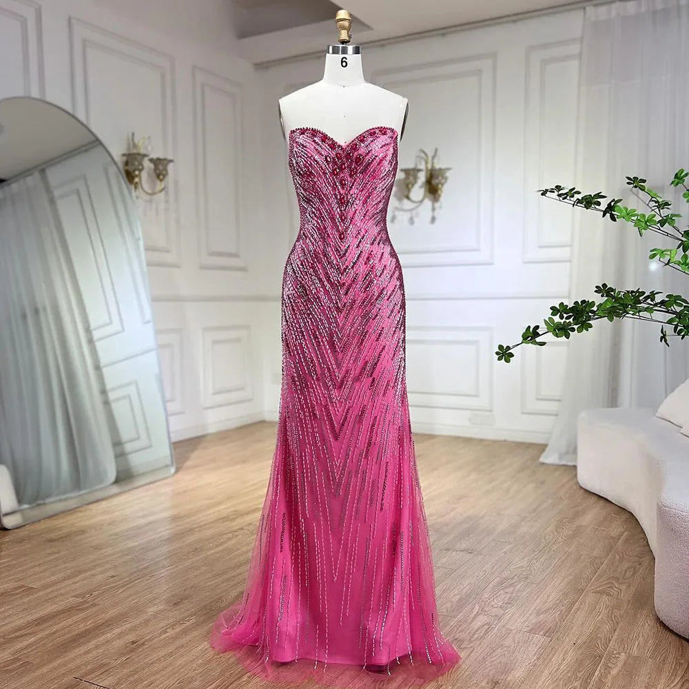 Vestido largo de noche de sirena elegante con mangas capa y plumas, color fucsia, para fiesta de bodas 2025 (LA72286) 