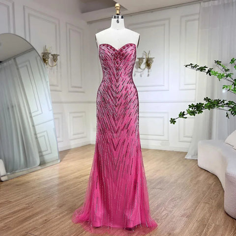 2025 Ladies Wedding Party Fuchsia Elegant Cape Sleeve Mermaid Luxury Beaded Feather Evening Dress Long Dress LA72286