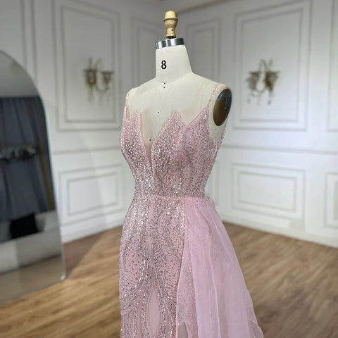 Vestido de noche de sirena con tirantes finos, elegante, con sobrefalda y cuentas, color rosa claro, modelo LA72378A 
