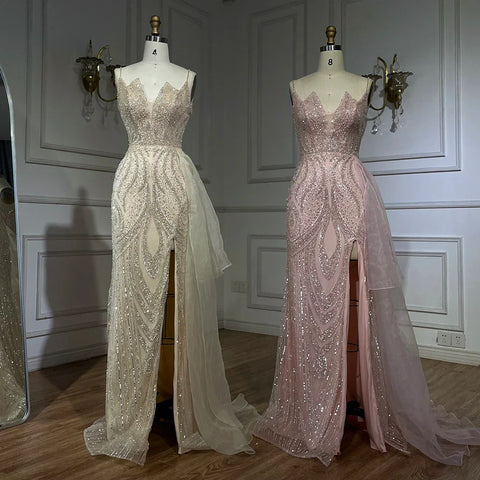 Vestido de noche de sirena con tirantes finos, elegante, con sobrefalda y cuentas, color rosa claro, modelo LA72378A 