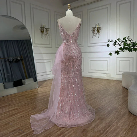 Vestido de noche de sirena con tirantes finos, elegante, con sobrefalda y cuentas, color rosa claro, modelo LA72378A 