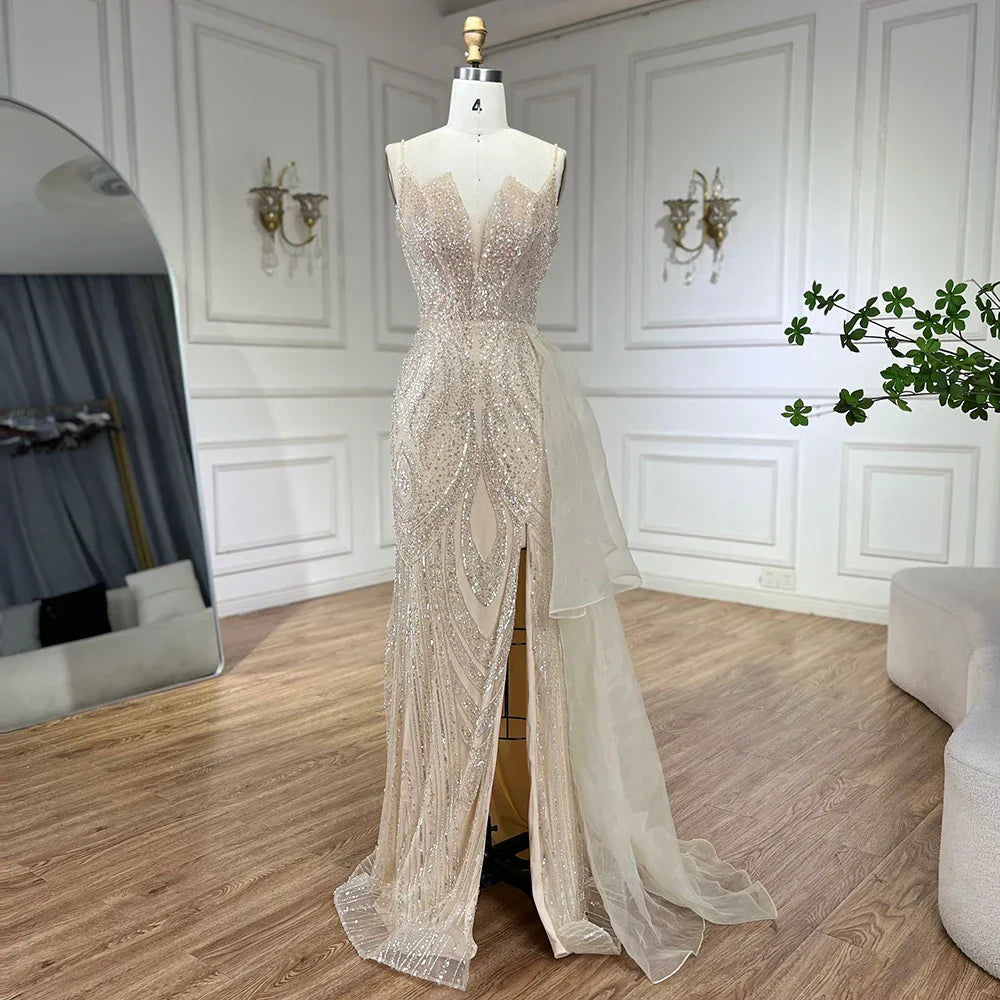 Vestido de noche de sirena con tirantes finos, elegante, con sobrefalda y cuentas, color rosa claro, modelo LA72378A 
