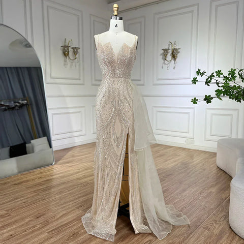 Vestido de noche de sirena con tirantes finos, elegante, con sobrefalda y cuentas, color rosa claro, modelo LA72378A 