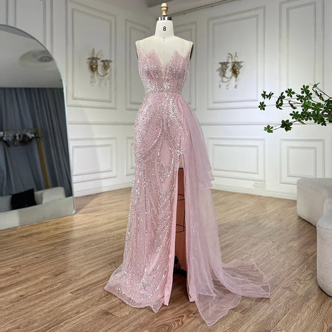 Vestido de noche de sirena con tirantes finos, elegante, con sobrefalda y cuentas, color rosa claro, modelo LA72378A 