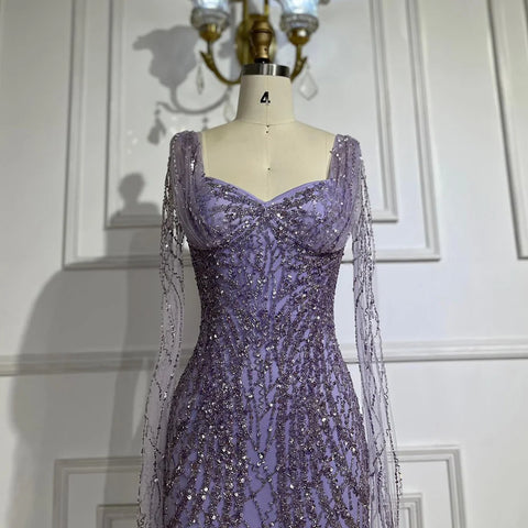 Robe de soirée de luxe style sirène lilas à manches cape, style Dubaï, LA72697