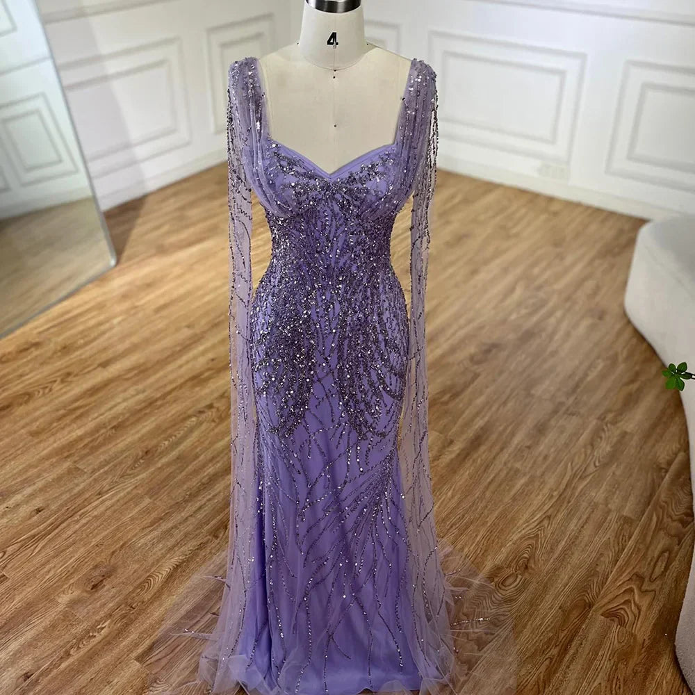Lilac Mermaid Luxury Dubai Evening Dresses with Cape Sleeves LA72697