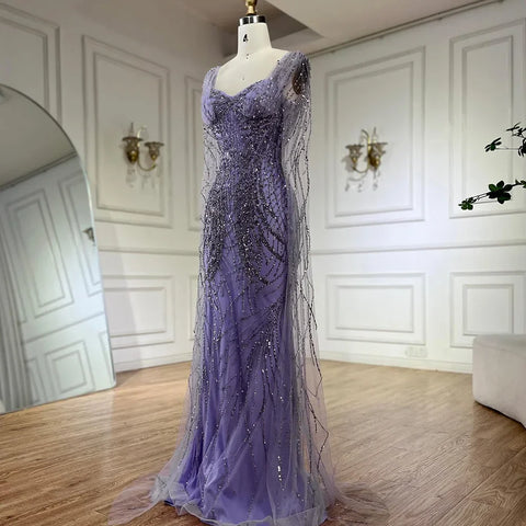 Robe de soirée de luxe style sirène lilas à manches cape, style Dubaï, LA72697