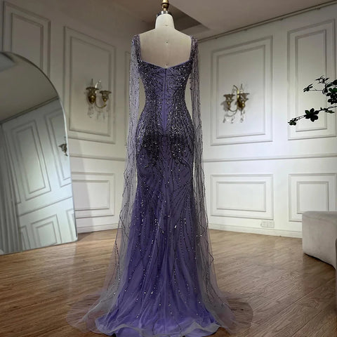 Robe de soirée de luxe style sirène lilas à manches cape, style Dubaï, LA72697