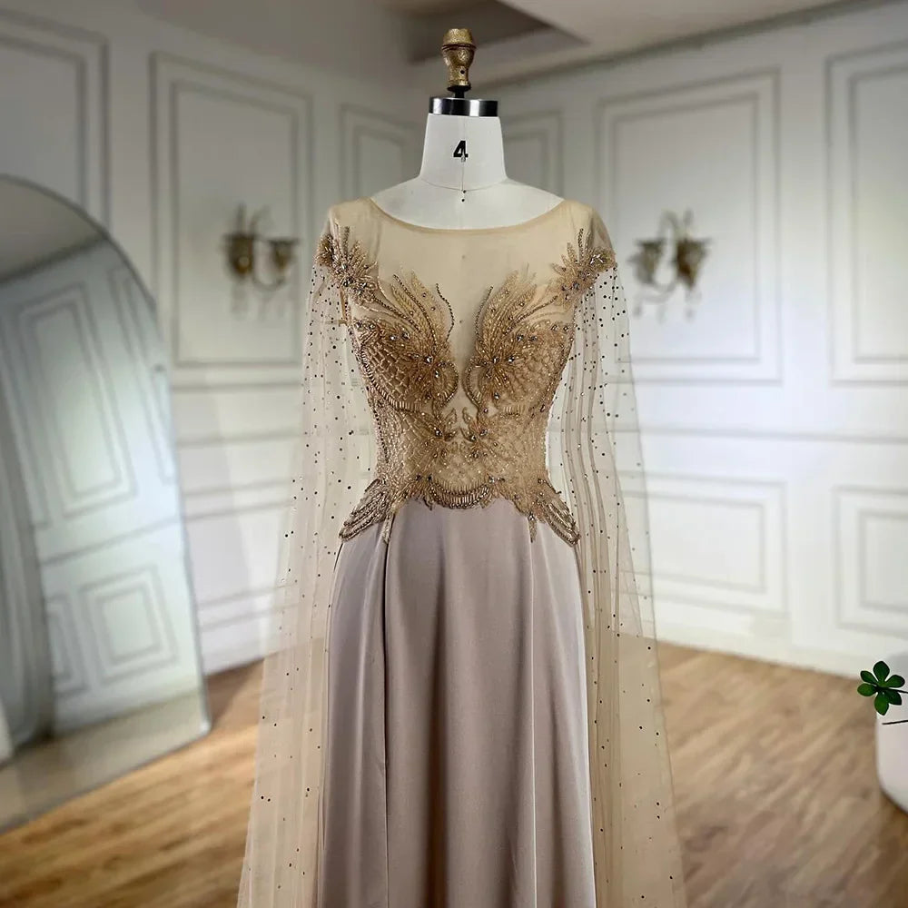 Vestido de noche de lujo de Dubái para mujer, corte en A, encaje, mangas tipo capa, satén color nude, con cuentas, estilo capa, ideal para bodas y fiestas (LA72702) 