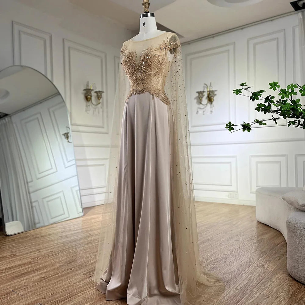 Vestido de noche de lujo de Dubái para mujer, corte en A, encaje, mangas tipo capa, satén color nude, con cuentas, estilo capa, ideal para bodas y fiestas (LA72702) 
