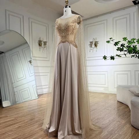 Robe de soirée de luxe en satin, coupe trapèze, manches cape, dentelle et perles, couleur chair, style Dubaï, pour femmes, fête de mariage, LA72702, 2025 