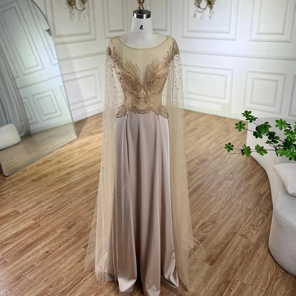 Vestido de noche de lujo de Dubái para mujer, corte en A, encaje, mangas tipo capa, satén color nude, con cuentas, estilo capa, ideal para bodas y fiestas (LA72702) 