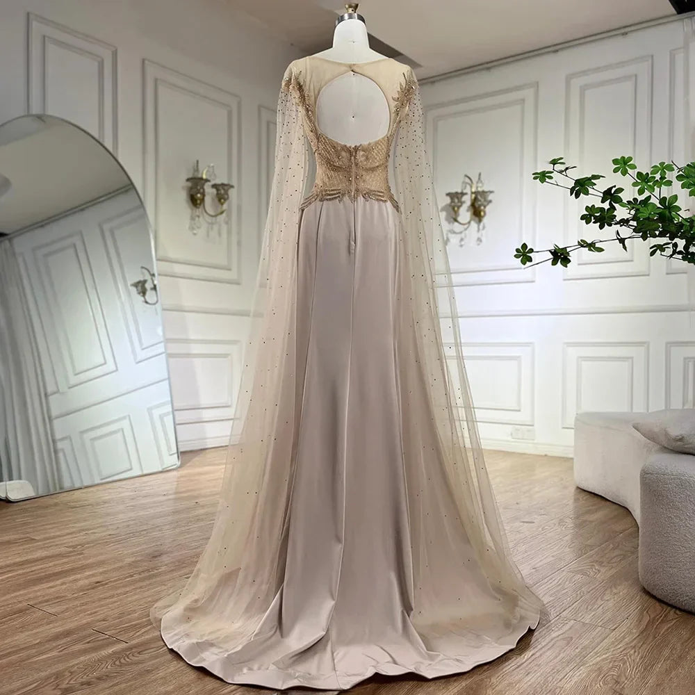Vestido de noche de lujo de Dubái para mujer, corte en A, encaje, mangas tipo capa, satén color nude, con cuentas, estilo capa, ideal para bodas y fiestas (LA72702) 
