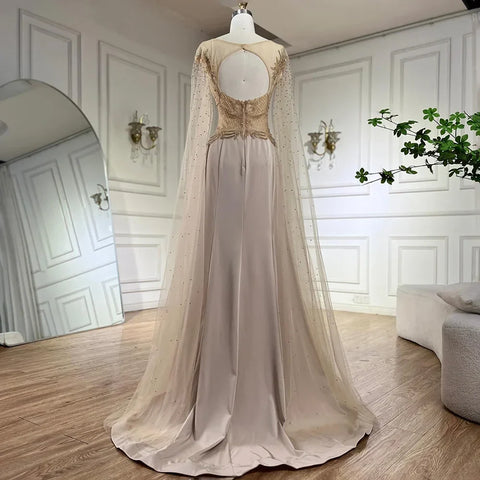 Robe de soirée de luxe en satin, coupe trapèze, manches cape, dentelle et perles, couleur chair, style Dubaï, pour femmes, fête de mariage, LA72702, 2025 