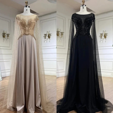 Robe de soirée de luxe en satin, coupe trapèze, manches cape, dentelle et perles, couleur chair, style Dubaï, pour femmes, fête de mariage, LA72702, 2025 