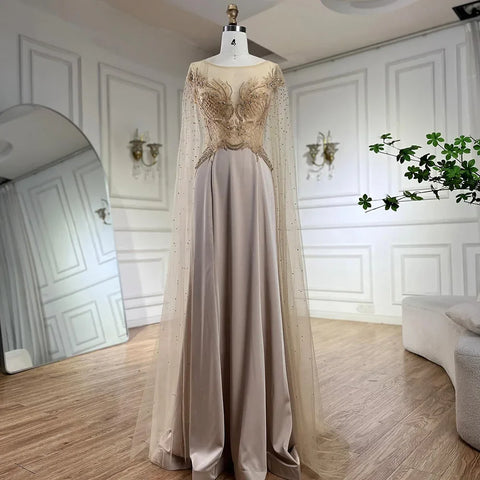 Robe de soirée de luxe en satin, coupe trapèze, manches cape, dentelle et perles, couleur chair, style Dubaï, pour femmes, fête de mariage, LA72702, 2025 