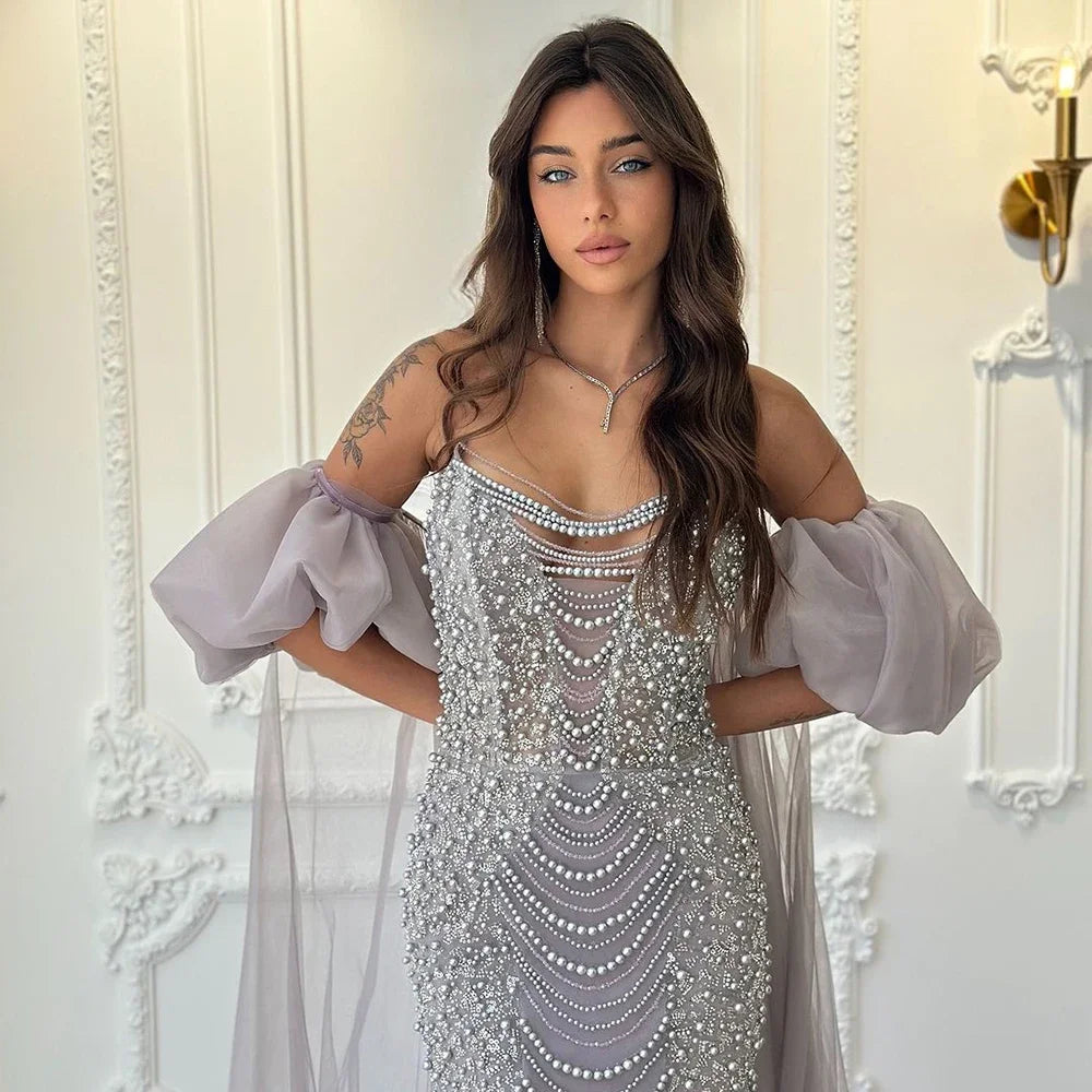 Lilac Vintage Evening Gown Half Puff Sleeve Dress with Beaded Pearl Cape Jacket LA72653