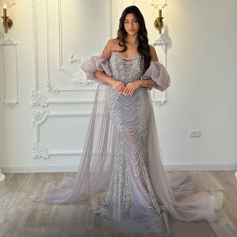 Robe de soirée vintage lilas à manches mi-bouffantes et veste cape perlée LA72653 