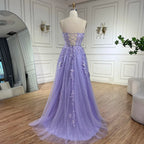 Vestido de fiesta lila con tirantes finos, espalda con cordones, corte en A, apliques y plumas para mujer | Boda LA72623 