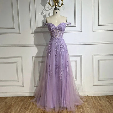 2025 Lilac Spaghetti Strap Lace-Up Back A-Line Appliqué Prom Dress for Women | Wedding Party LA72620