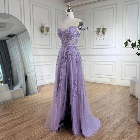 2025 Lilac Spaghetti Strap Lace-Up Back A-Line Appliqué Prom Dress for Women | Wedding Party LA72620