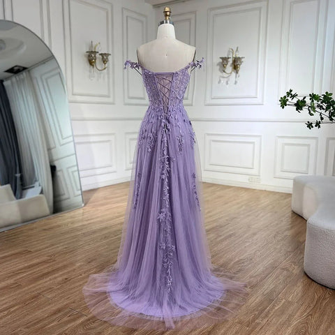2025 Lilac Spaghetti Strap Lace-Up Back A-Line Appliqué Prom Dress for Women | Wedding Party LA72620