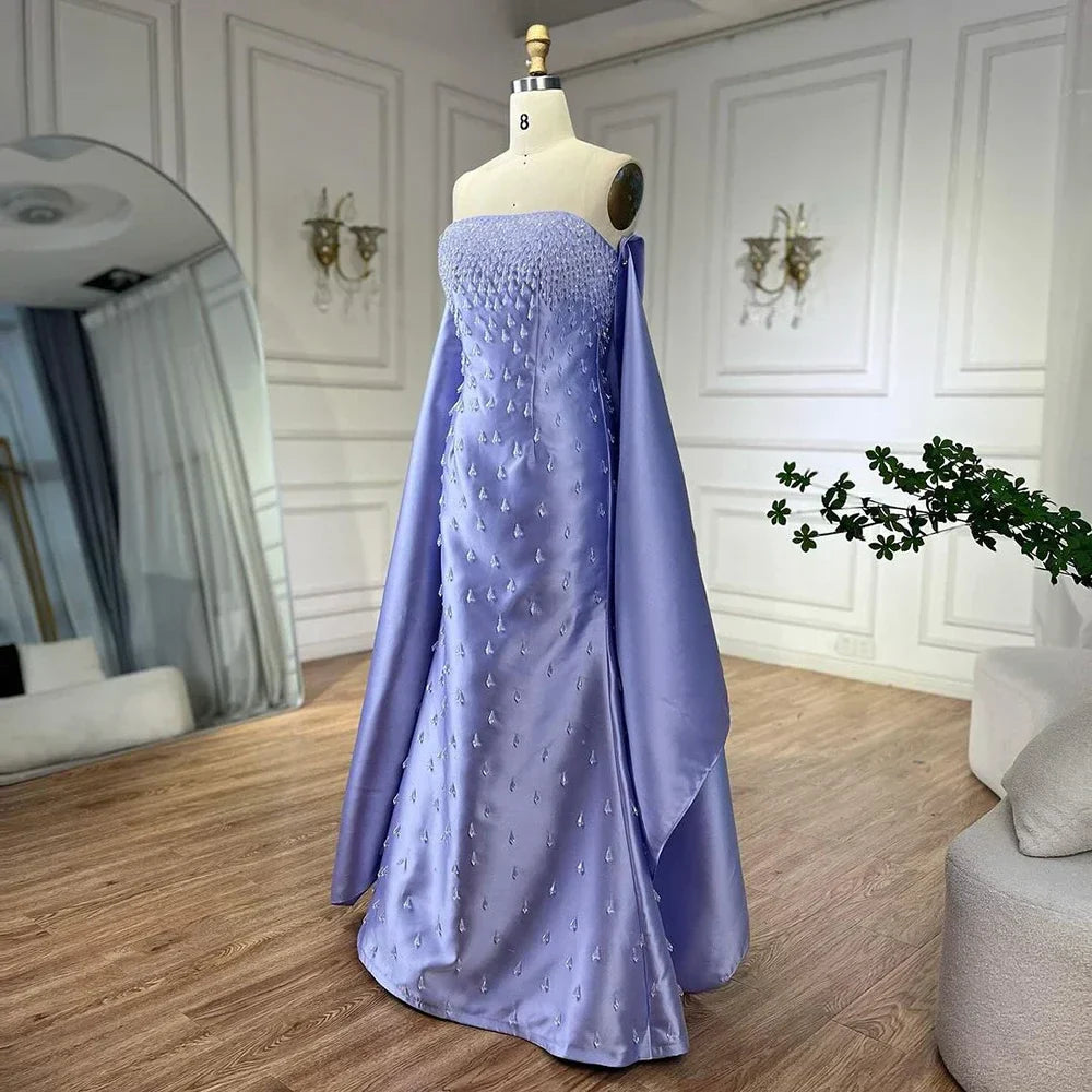 Vestido de noche de sirena con tirantes finos color lila, estilo chal de satén, lujoso con cuentas, ideal para bodas y fiestas de mujeres (LA72360) 