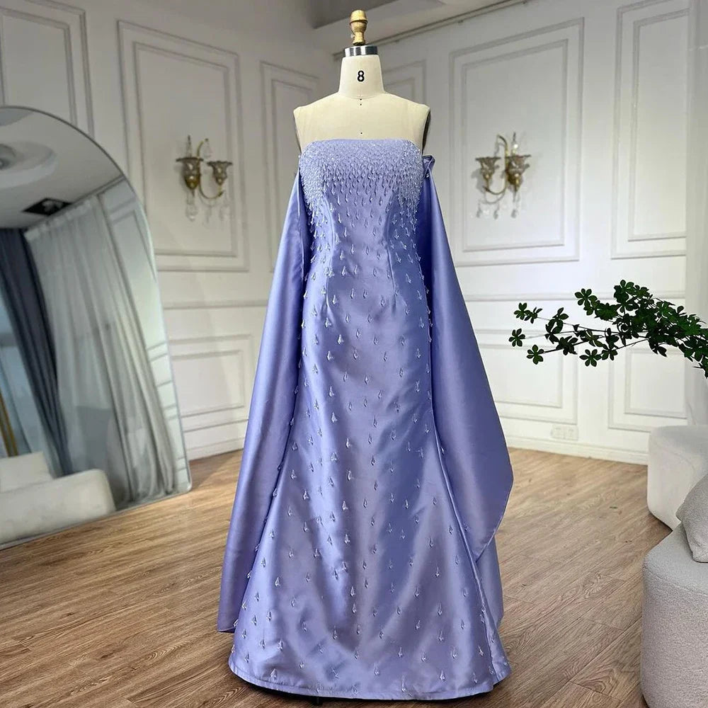 Vestido de noche de sirena con tirantes finos color lila, estilo chal de satén, lujoso con cuentas, ideal para bodas y fiestas de mujeres (LA72360) 