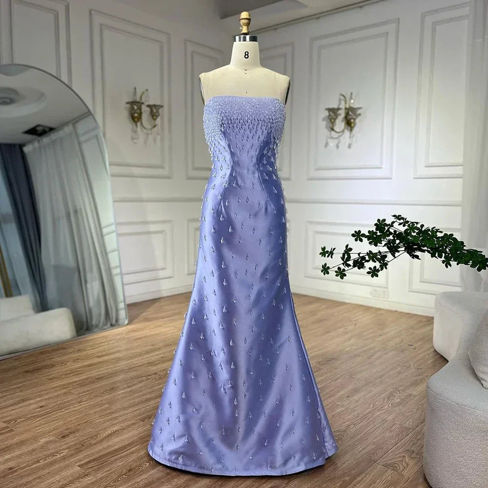 Vestido de noche de sirena con tirantes finos color lila, estilo chal de satén, lujoso con cuentas, ideal para bodas y fiestas de mujeres (LA72360) 