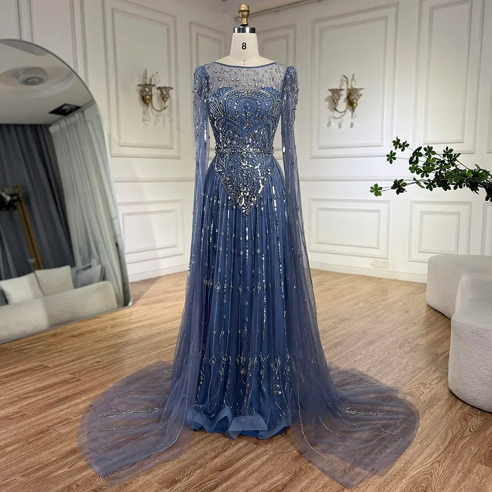 Vestido de noche árabe de lujo Alina con mangas capa azul Dubai 2025, con cuentas y piedras, para mujer, ideal para bodas y fiestas (LA72635) 
