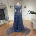 Vestido de noche árabe de lujo Alina con mangas capa azul Dubai 2025, con cuentas y piedras, para mujer, ideal para bodas y fiestas (LA72635) 