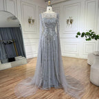 Vestido de noche árabe de lujo Alina con mangas capa azul Dubai 2025, con cuentas y piedras, para mujer, ideal para bodas y fiestas (LA72635) 