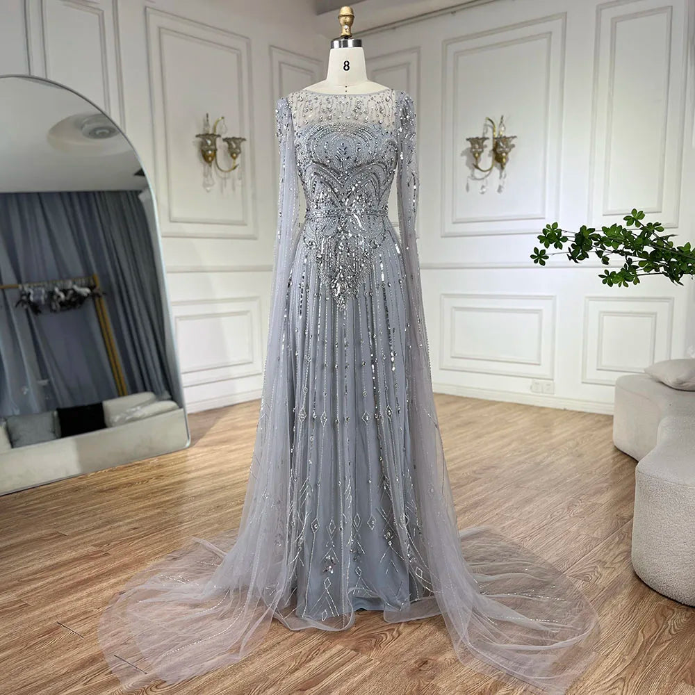 Vestido de noche árabe de lujo Alina con mangas capa azul Dubai 2025, con cuentas y piedras, para mujer, ideal para bodas y fiestas (LA72635) 
