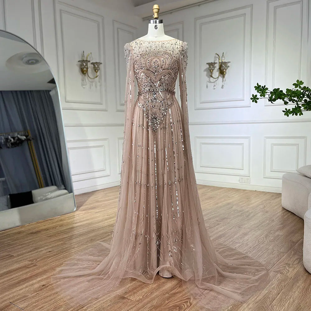 Vestido de noche árabe de lujo Alina con mangas capa azul Dubai 2025, con cuentas y piedras, para mujer, ideal para bodas y fiestas (LA72635) 