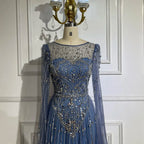 Vestido de noche árabe de lujo Alina con mangas capa azul Dubai 2025, con cuentas y piedras, para mujer, ideal para bodas y fiestas (LA72635) 