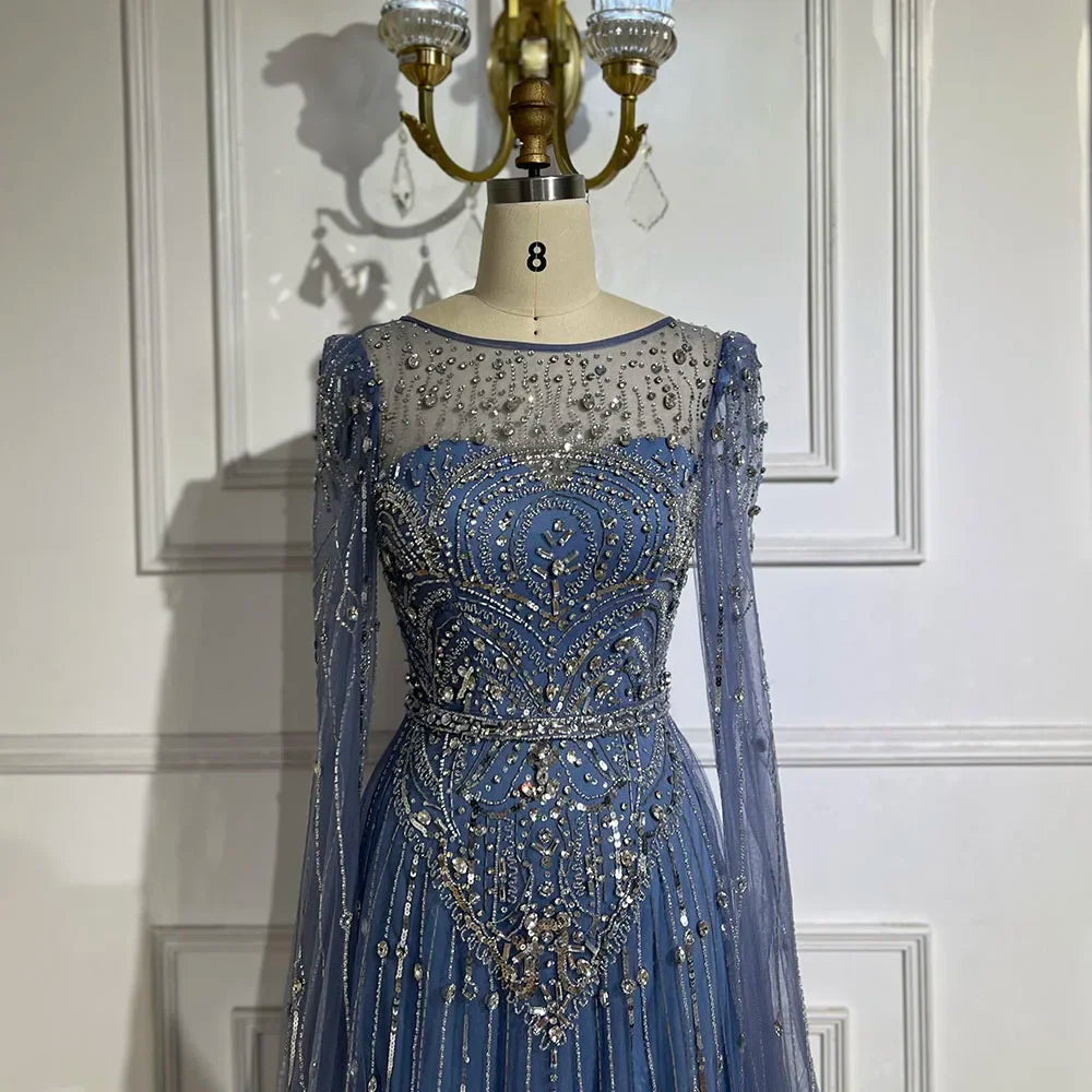 Vestido de noche árabe de lujo Alina con mangas capa azul Dubai 2025, con cuentas y piedras, para mujer, ideal para bodas y fiestas (LA72635) 
