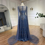 Vestido de noche árabe de lujo Alina con mangas capa azul Dubai 2025, con cuentas y piedras, para mujer, ideal para bodas y fiestas (LA72635) 