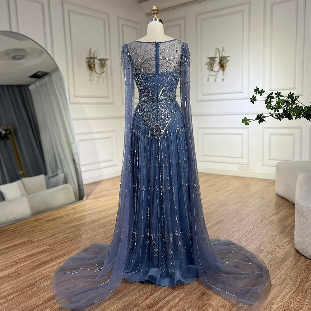 Vestido de noche árabe de lujo Alina con mangas capa azul Dubai 2025, con cuentas y piedras, para mujer, ideal para bodas y fiestas (LA72635) 