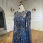 Vestido de noche árabe de lujo Alina con mangas capa azul Dubai 2025, con cuentas y piedras, para mujer, ideal para bodas y fiestas (LA72635) 