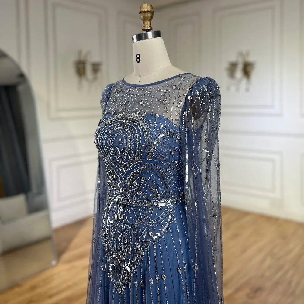 Vestido de noche árabe de lujo Alina con mangas capa azul Dubai 2025, con cuentas y piedras, para mujer, ideal para bodas y fiestas (LA72635) 