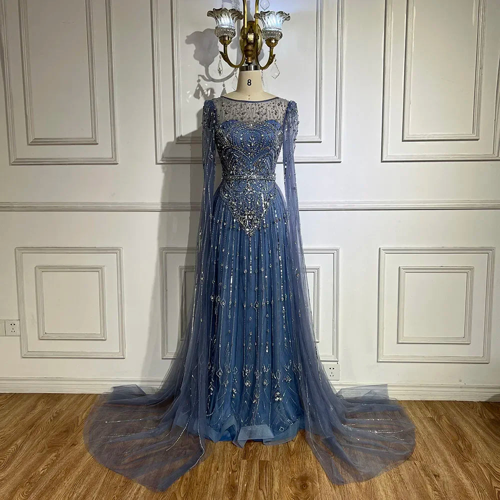 Vestido de noche árabe de lujo Alina con mangas capa azul Dubai 2025, con cuentas y piedras, para mujer, ideal para bodas y fiestas (LA72635) 