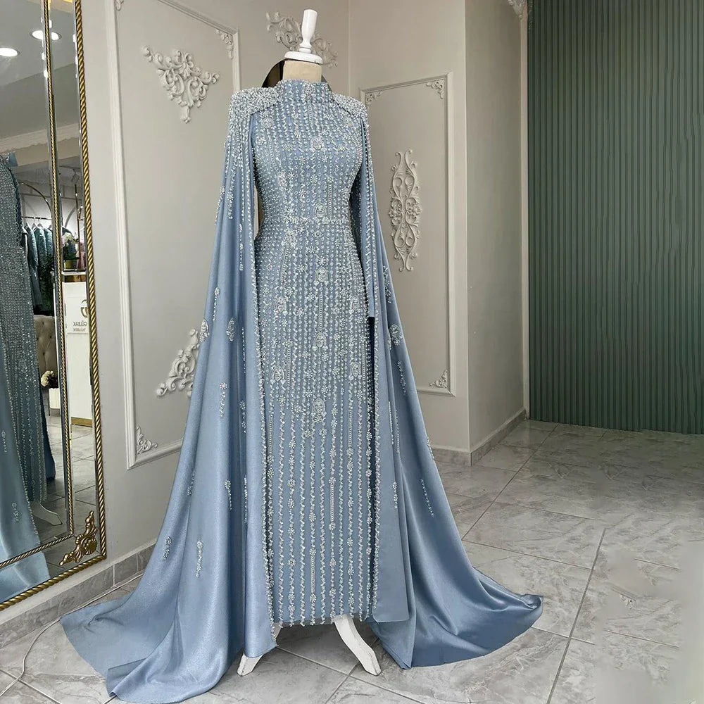 Vestidos de noche de sirena con cuentas, estilo musulmán, color azul Dubai, de lujo, con mangas tipo capa, para fiestas femeninas LA72533 