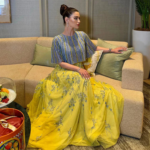 Luxury Dubai Blue Yellow 2 Pieces Evening Dresses LA72470