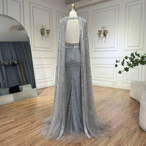 2025 Luxury Dubai Gray Arabic Mermaid Beaded Evening Gowns with Detachable Long Cape for Women's Party LA72180