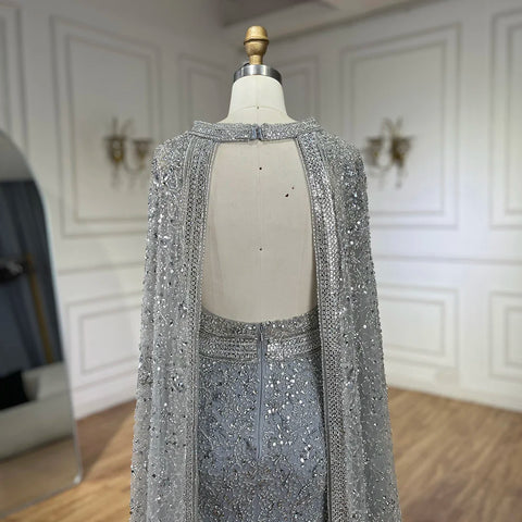 2025 Luxury Dubai Gray Arabic Mermaid Beaded Evening Gowns with Detachable Long Cape for Women's Party LA72180