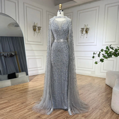 2025 Luxury Dubai Gray Arabic Mermaid Beaded Evening Gowns with Detachable Long Cape for Women's Party LA72180